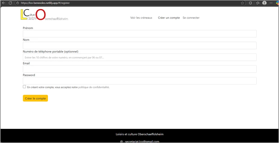 imprim ecran de la page d'inscription, version ordinateur